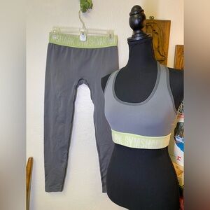 GYMSHARK Logo Banded Grey & Lime Sports Bra & Legging Set Fit Seamless MEDIUM